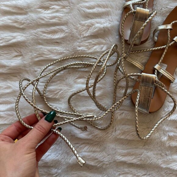 Steve Madden Werkit Gold Leather Leg Wrap Gladiator Sandals - Picture 7 of 16